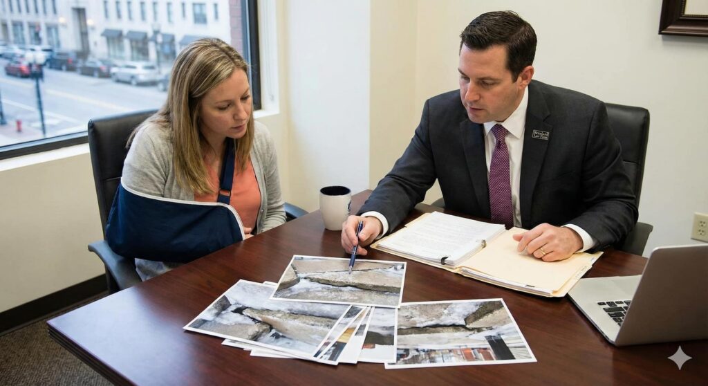 A Berniard Law Firm attorney reviewing photographs of a dangerous property hazard with a client to build a premises liability claim.